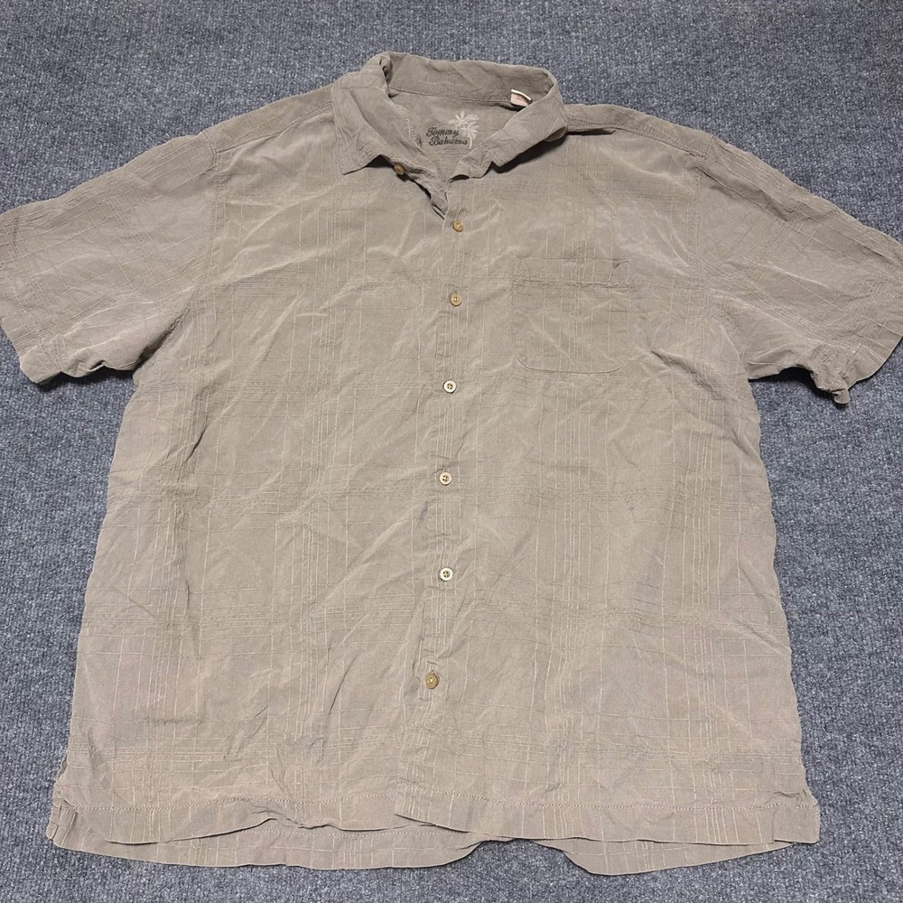 Tommy Bahama Mens XL‎ 100% Silk Short Sleeve Button Down Camp Shirt Tan Grid